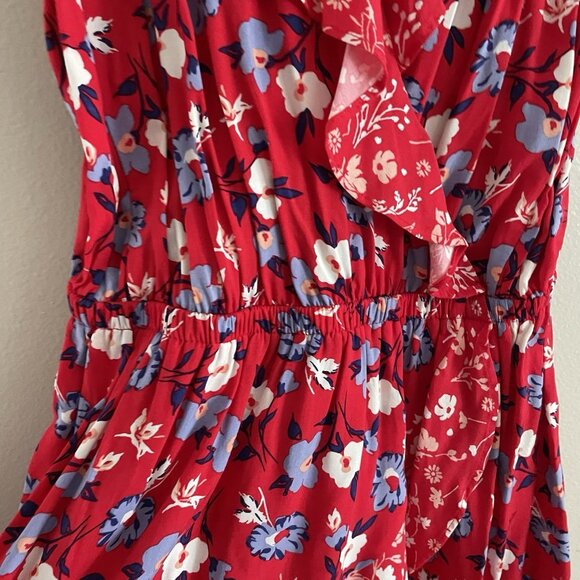 Express Women Sz S Red Floral Faux Wrap Adj Spaghetti Strap Ruffled Sundress - Picture 6 of 11